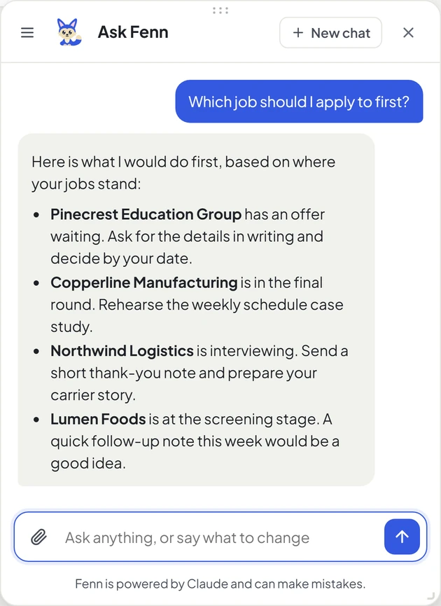 The Ask Fenn chat answering: which job should I apply to first?