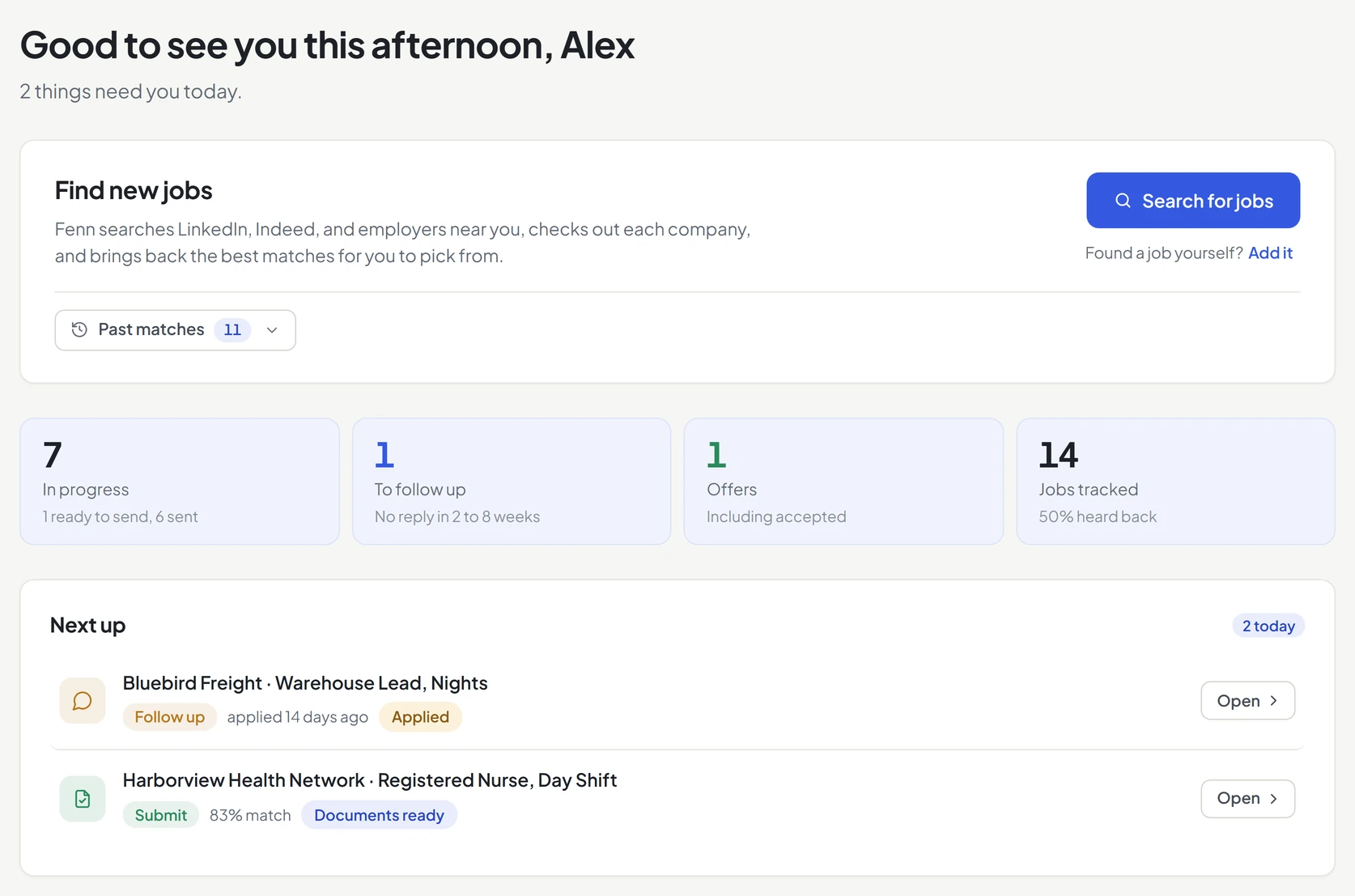 Recon's Home page: a Search for jobs button, a count of your jobs, and the two that need you today