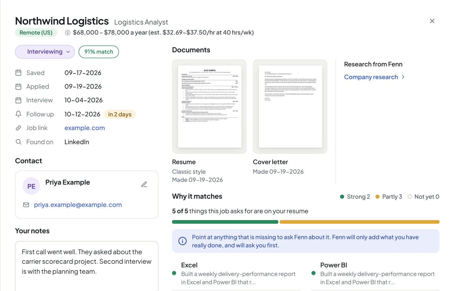 One job's page: the pay, the dates, the resume and cover letter, and why it matched